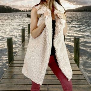 Soft Cozy Shaggy Faux Fur Long Vest Fuzzy Wrap Beige NWT
